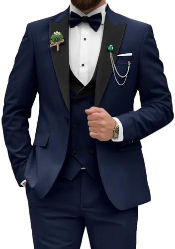 Mens Tuxedo Suits Slim Fit 3 Piece Wedding Prom Party Business Blazer Double Breasted Vest and Pants with Bow Tie