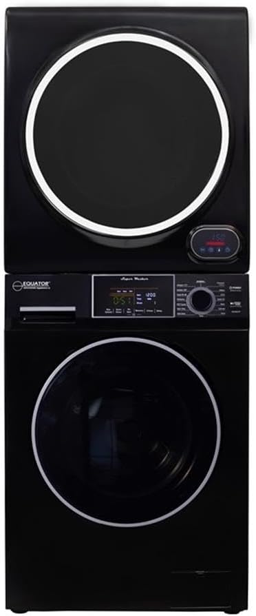 Pemberly Row Stackable Washer and Compact Short Dryer Set, Stainless Steel, Black Finish, 15lbs Washer, 3.5 cu. ft. Dryer, Touch Buttons, Pet Cycle, 12 Wash Cycles, Space-Saving Laundry Solution for