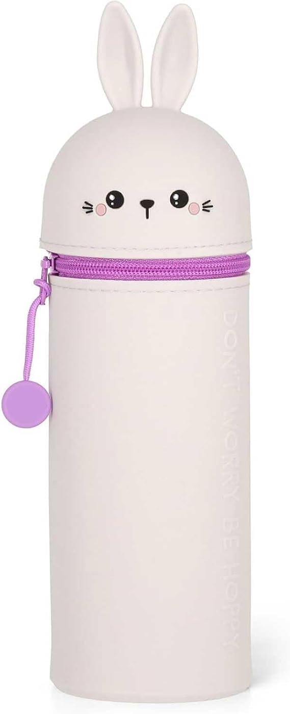 Soft Silicone Rabbit Pencil Case,Kawaii Pen Bag 2 in 1 Silicone Pouches Big Capacity Pencil Case and Desk Pen Holder with Zipper | Cute Animal Pencils Cases Retractable for Stationery Storage (Bunny)