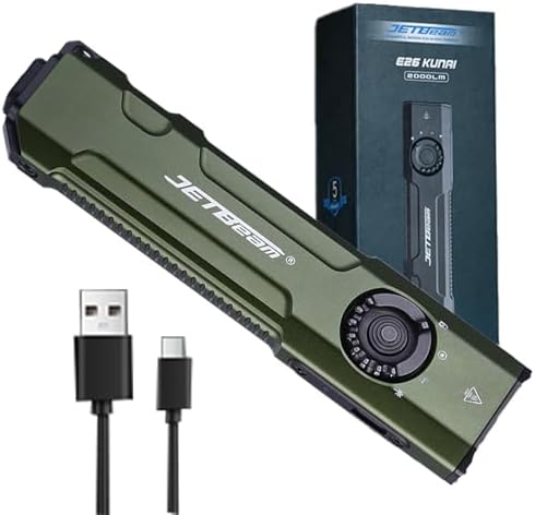 JETBeam E26 Rechargeable EDC Flat Flashlight 4 Constant Brightness ModesStrobe1300mW UVGreen Beam Combo,2000 Lumens Portable Pocket Lights,IPX-8,Triple Sources for Outdoors,Emergency,Working