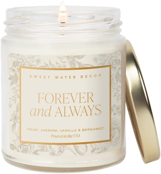 Sweet Water Decor Forever and Always Wedding Candle, Bridal Shower Gift, Scents; Pear, Jasmine, Vanilla, Bergamot, Romantic Candle, 40 Hours Burn Time, Grey Delft Design 9oz Clear Jar with Gold Lid