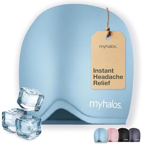 MyHalos Migraine Relief Cap 30% Thicker Ice Hat 2X Cooling Gel, Headache & Sinus Ice Pack Wrap, Cold Therapy for Migraine, Tension, Hangover, Facial Pain, Strap-Free, Odor-Free Storage Included
