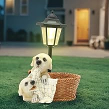 Solar Garden Outdoor Decor Statues Labrador Puppies Playing in Basket with Light,Outside-Outdoor Decorations Sculptures for Patio Yard Lawn Walkway Ornaments Gifts for Mom Grandma Birthday