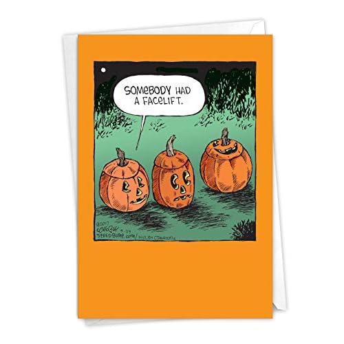 NobleWorks - Happy Halloween Card Funny - Fun Cartoon Humor, Spooky Greeting Notecard with Envelope - Pumpkin Facelift C6235HWG