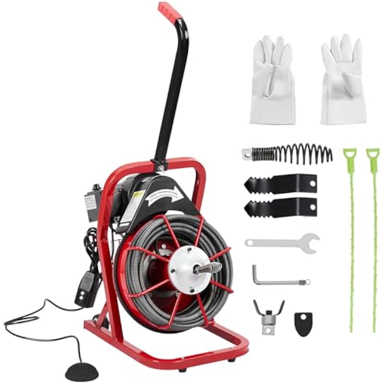 Electric Drain Cleaner 50Ft x 38 Inch, Auto-Feed Sewer Snake for 1-4 Inch Pipes, Heavy-Duty K300K Clog Remover With Foot Switch & Accessories