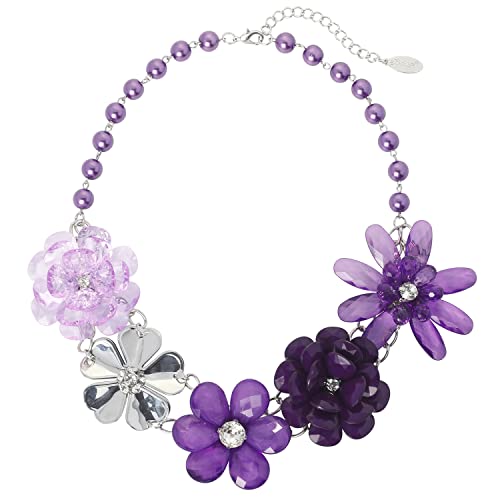 Bocar 5 Flower Braided Crystal Statement Chunky Necklace Bib Collar Flower Pearl Jewelry for Women