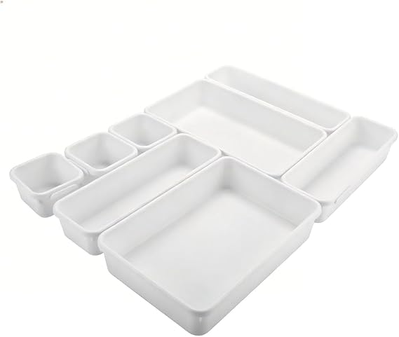 Drawer Organiser 8Pcs Interlocking Plastic Storage Trays, 3 Sizes Drawer Dividers Tidy Trays, White For Kitchen Office Desk Makeup Bathroom Jewellery Stationery