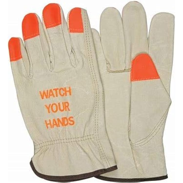 Toledano Industries Hi Vis Leather Work Gloves Watch Your Hands - Orange Tips Medium