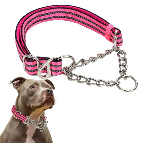 Pink Martingale Collar for Dogs, X-Large Reflective Nylon Dog Chain Collar Heavy Duty Martingale Dog Collar with Stainless Steel Chain Adjustable for Medium Large Dogs