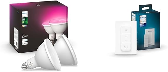Philips Hue Smart 100W PAR38 LED Bulb & Smart Dimmer Switch with Remote, White - 1 Pack - Turns Hue Lights On, Off, Dims or Brightens