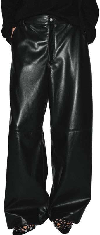URBAN REVIVO Women's Faux Leather Straight Leg Pants, Trendy Relaxed Fit Trousers