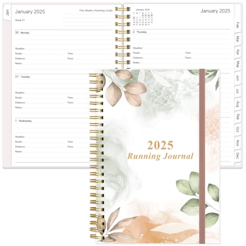 2025 Running Journal, Runners Day-by-Day Log 2025, 12 Months Running Log for Tracking Your Daily Runs, Races, Goals and Achievements, Rose Leaf