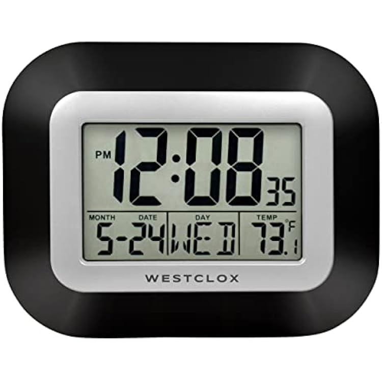 Westclox Large Digital Wall Clock Battery Operated with Temperature Date and Day of Week with Alarm | Modern Digital Desk Clock for Office Kitchen Bedroom or Living Room | Black