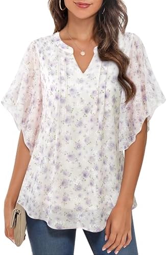 VALOLIA Womens Blouses Dressy Casual V Neck Chiffon Ruffle Short Sleeve Shirts Double Layers Tops