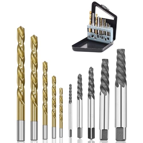 YUENTOEN 10Pcs Screw Extractor Kit, Left Hand Drill Bits Set for Removing Stripped Screws and Broken Bolts, Reverse Cobalt HSS Steel Drill Bit, Easy Out Screw Extractor Set