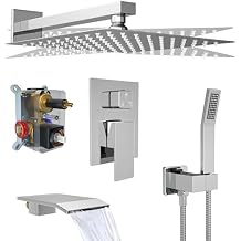 Rain Shower System High Pressure Shower Head 12 inch with Tub Spout,Wall Mounted Waterfall Bathroom Shower Faucet Sets Complete with Handheld Spray,Shower Valve and Trim kit,Polished Chrome