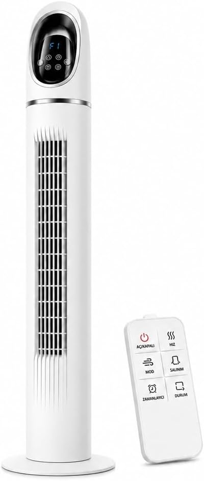 Kule Tipi Vantilatör 45 İnç, Uzaktan Kumandalı, 3 Hız Kademeli, 3 Modlu (Normal/Doğal/Uyku), Salınımlı, Dokunmatik Kontrollü, 24 Saat Zamanlayıcılı, Beyaz