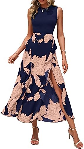 BTFBM Women Casual Sleeveless Summer Dresses 2026 Spring Crewneck Patchwork Boho Floral Ruffle Cocktail Party Midi Dress