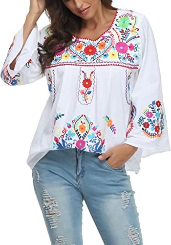 YZXDORWJ Women's Summer Boho Embroidery Mexican Bohemian Tops Shirt Tunic