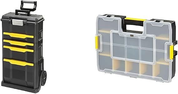 STANLEY Rolling Workshop Toolbox, Detachable Toolbox with Drawers, Flip Bin, Back Pocket, 7" Heavy Duty Wheels, 1-79-206 & 1-94-745 Sort Master Seal Tight Professional Organiser