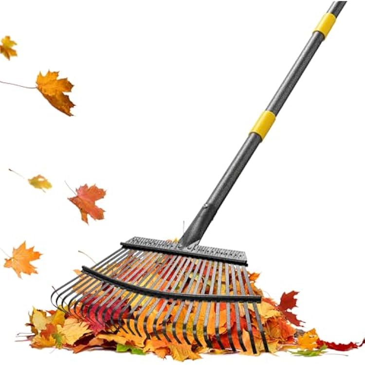 COCONUT 6FT Adjustable Metal Head & Grip Leaf Rake for Lawns, Heavy Duty, 25 Tines, Yard, Grass, Mulch, Shrub, Flower Bed, Camping