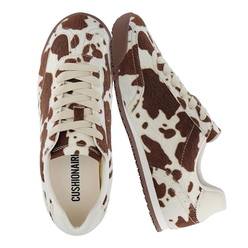 CUSHIONAIRE Techno Womens Vegan Cow Print Calf-Hair Lace-Up Sneakers with Memory Foam Comfort