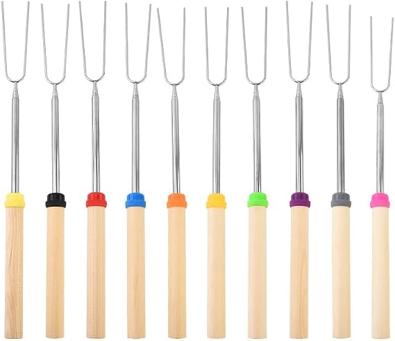 Marshmallow Roasting Sticks, Smore Skewers Hot Dog Fork For Outside, 31 Inch, Wooden Handle with Color Coded Tips, 10-Pack
