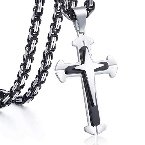 Trendsmax Mens Cross Pendant Necklace Stainless Steel Gold Silver Byzantine Chain 22-30inch