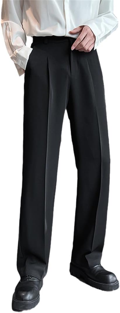 Men Suit Pants Solid Baggy Casual Wide Leg Trousers High Waist Straight Bottoms
