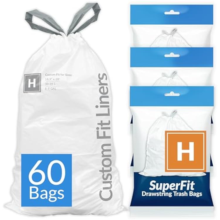 Reli. SuperFit Code H 60 Count | Compatible with Simplehuman Code H | Dispenser Pack Custom Fit Liners | Drawstring Trash Bags | 30-35 Liter  8-9 Gallon | White