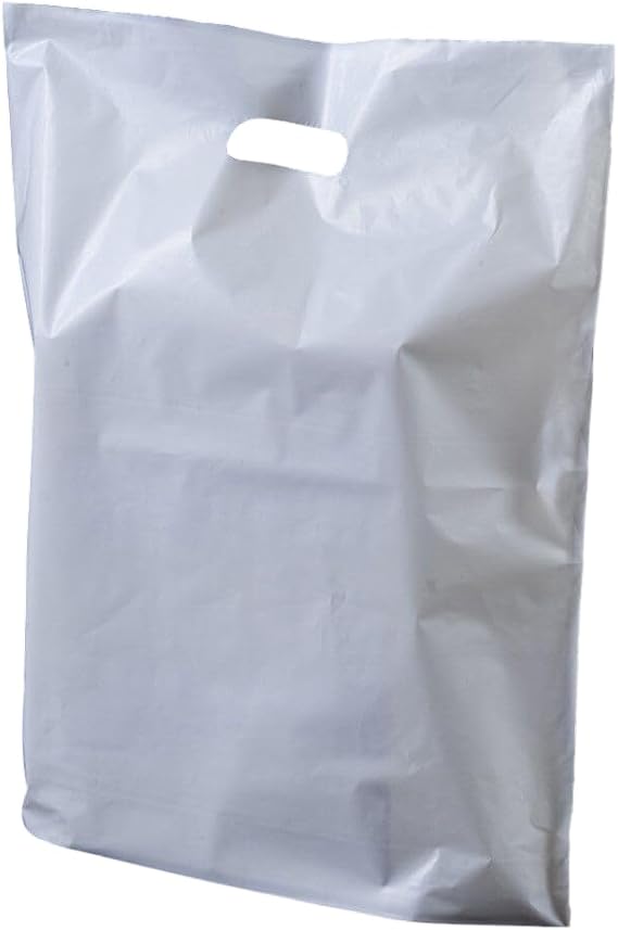 100 White with Handles | Patch Handle Carrier Bags | Large Size 18 x 15 x 3 for Shopping Groceries Gift Boutique Supermarket Cash N Carry Business Market Stall