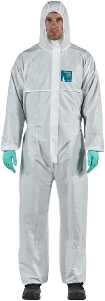 Ansell AlphaTec 1800 Model 111, Hooded Coverall, Chemical Resistant Body Suit for Industrial, Biohazard and DIY Applications, PPE Men Women, Reusable White, Size L (1 Unit)