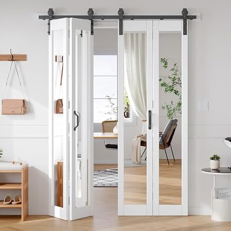 Fredbeck 56X84 (14x4) Mirror Bi-fold Barn Door Folding Double Doors White