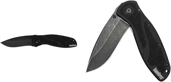 Kershaw Blur Black (1670BLK) Everyday Carry Pocketknife, 3.4 inch Stainless Steel Drop Point Blade & Blur BlackWash Pocketknife, 3.4" Sandvik 14C28N Stainless Steel Recurved Blade