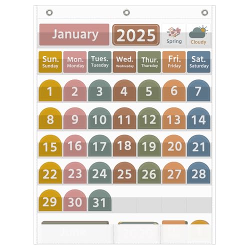REGELETO Large White Calendar Pocket Chart with Boho 96 Cards for Classroom, Size:32.25 x 24.13 inch Monthly Calendar and Weather Pocket Chart for Students Learning for Home or SchoolWhite