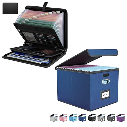 Huolewa Decorative File Organizer Box Office Document Storage with Lid,Black Document Organizer with 13 Pockets, File Organizer for Important DocumentPaper Storage