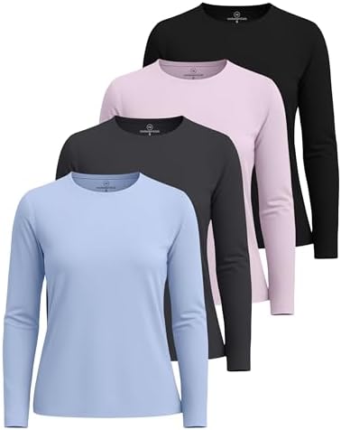 Real Essentials 4 Pack: Womens UPF 50 Quick Dry Fit Sun Shirts Long Sleeve UV SPF Hiking Top Outdoor Available in Plus