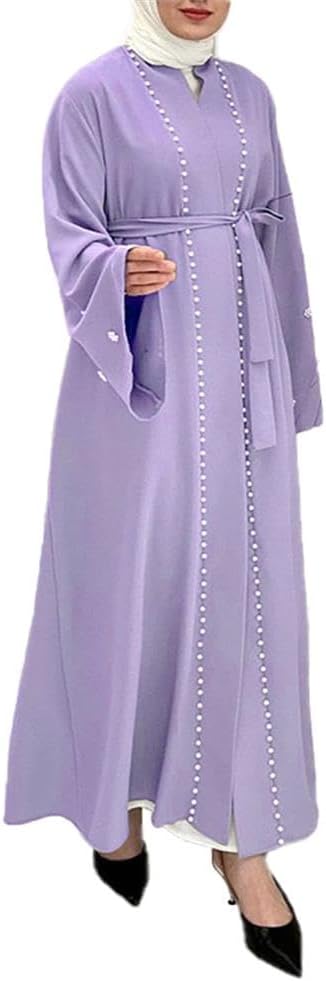 Elegant Muslim Women's Solid Long Cardigan Women Dubai Dress with Blet