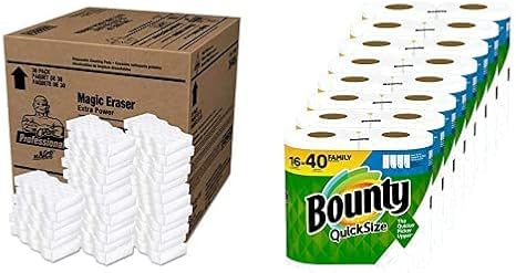 Magic Erasers from Mr. Clean Professional, Bulk Multi Surface Scrubbers (Case of 30) + Bounty Quick-Size Paper Towels, 16 Family Rolls Combo Pack
