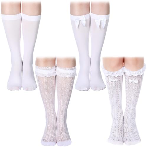 Suhine 4 Pair Oktoberfest Socks Lace Trim Ruffle Long Socks and Satin White Stockings for Women Girls