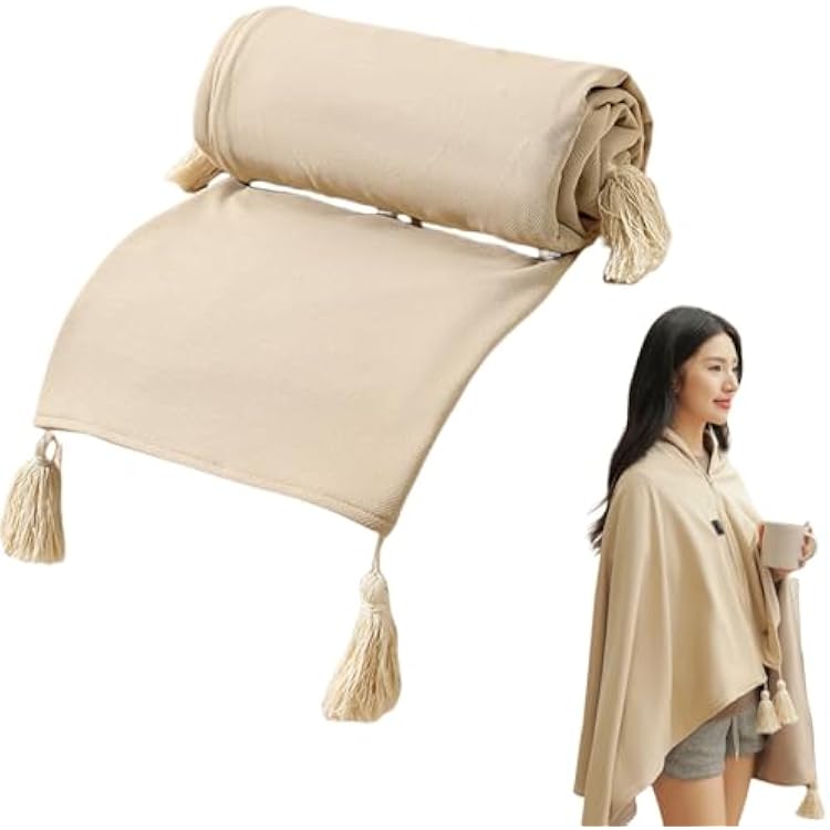 Portable Heated Shawl Wraps for Women Cordless, 3 Heating Levels USB Fast Heating Portable Soft Zipper Heated Blanket Shawl Beige