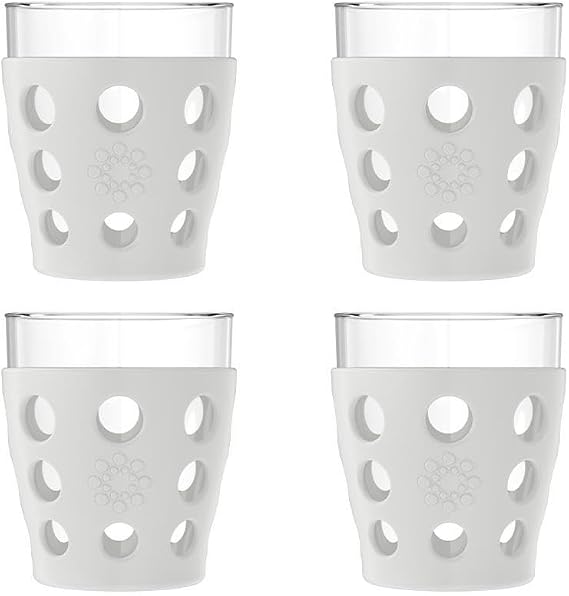 Lifefactory 10oz Beverage Glasses, Silicone Sleeve, 4 Pk, Stone Gray