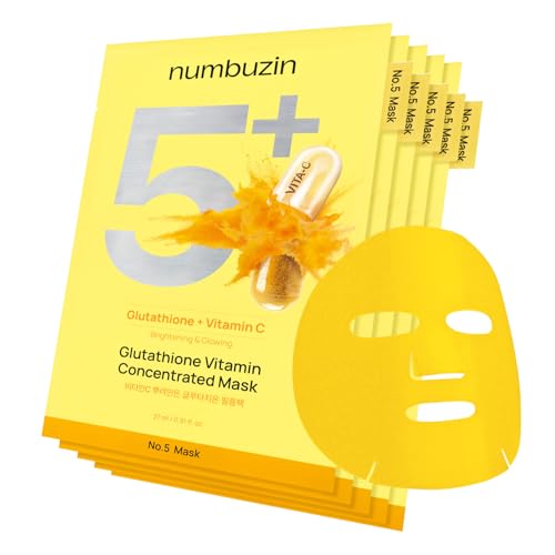 numbuzin No.5 Sheet Mask | Vitamin Spotlight Sheet Mask | Glutathione and Vitamin C | Reduces Hyperpigmentation, Improves Skin Complexion | Gentle and non-irritating | 5 sheet