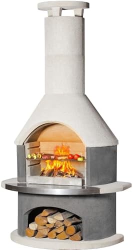 Concrete Outdoor Fireplace with Grill, Wood Burning Fireplace with Wood Storage and Chimney, Include Grill Rack & Charcoal Pan, 81.9H
