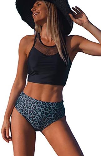 Beachsissi High Waisted Bikini Set Mesh Panel Leopard Print 2 Piece Bathing Suit Black