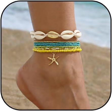 Seashell Ankle Bracelet for Women,Colorful Starfish Stack Stretch Bead Ankles Set Adjustable Waterproof Mermaid Ankle Chain Bracelet Hawaii Summer Beach Vacation Foot Mermaid Jewelry