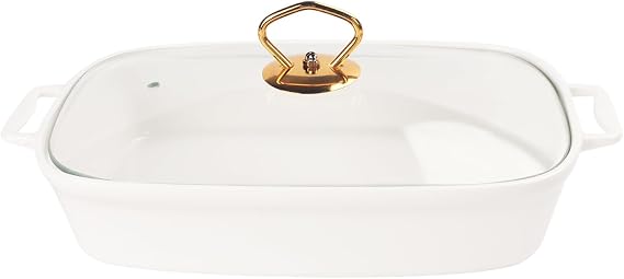 Porcelain Rectangle Casserole Baking Dish with Glass Lid, 1500 ML Serving Soup Tureen, Chafing Dish for Buffet, food preserve Tray, Catering Casserole for Party Style