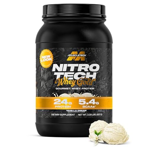 MuscleTech Whey Protein Powder Vanilla Cream, 2LB - Nitro-Tech Whey Protein Isolate Smoothie Mix for Lean Muscle & Recovery - 24g of Whey Gold for Women & Men - Packaging May Vary