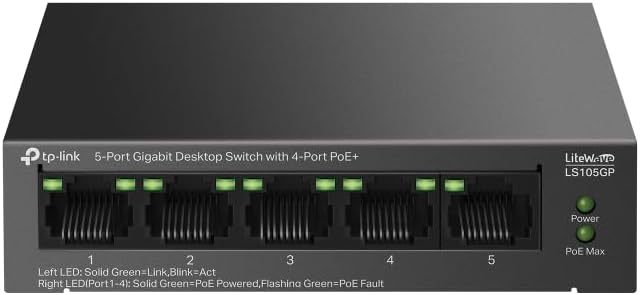 TP-Link LS105GP | 5-Port Gigabit PoE Switch | 65W PoE Bütçesi, 250m İletim, Tak ve Çalıştır | Fansız, Sessiz Metal Kasa | IP Kamera & AP Uyumlu Ağ Anahtarı