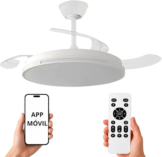 NARVI Ceiling Fan White Ø107 cm with Dimmable LED Light, Low Consumption Silent DC Motor, Fan Lamp with Remote Control, 3 Retractable Blades, AUSTRALIA 8936 WH
